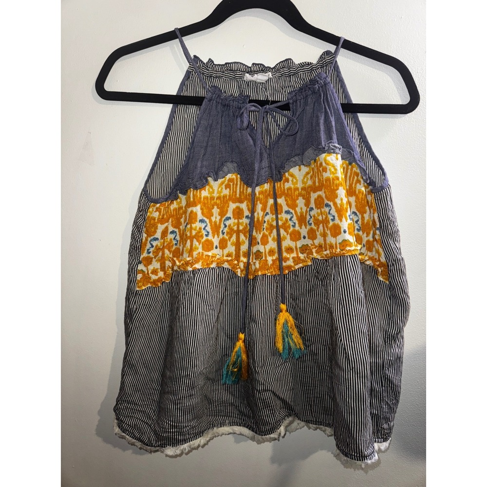 TML Boho Stripe Halter Tank Top Mustard Ikat Tassel Fringe Hem Medium